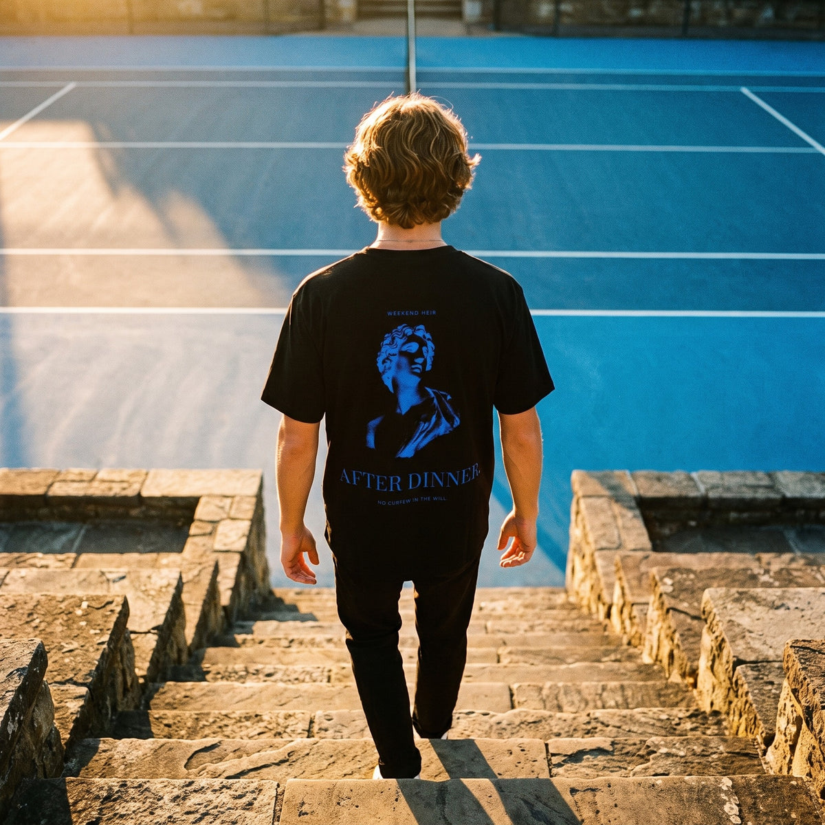 Black | Lifestyle | WEEKEND HEIR After Dinner Tee in Black at the tennis court, back print showing