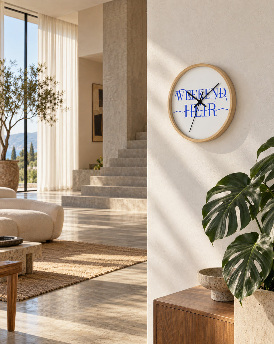 Lifestyle | Weekend Heir Wall Clock on a plaster wall beside a staircase in a sunlit house
