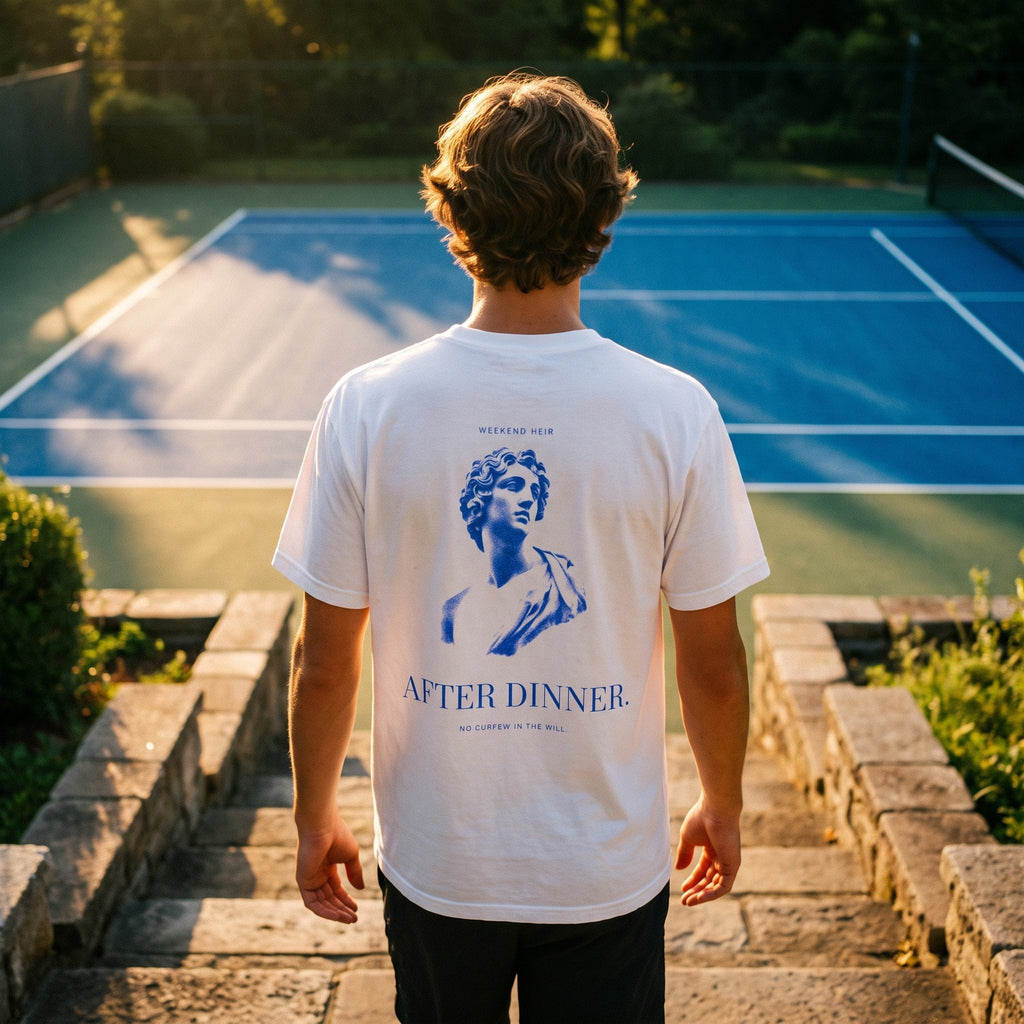 White | Lifestyle | WEEKEND HEIR After Dinner Tee in White at the tennis court, back print showing