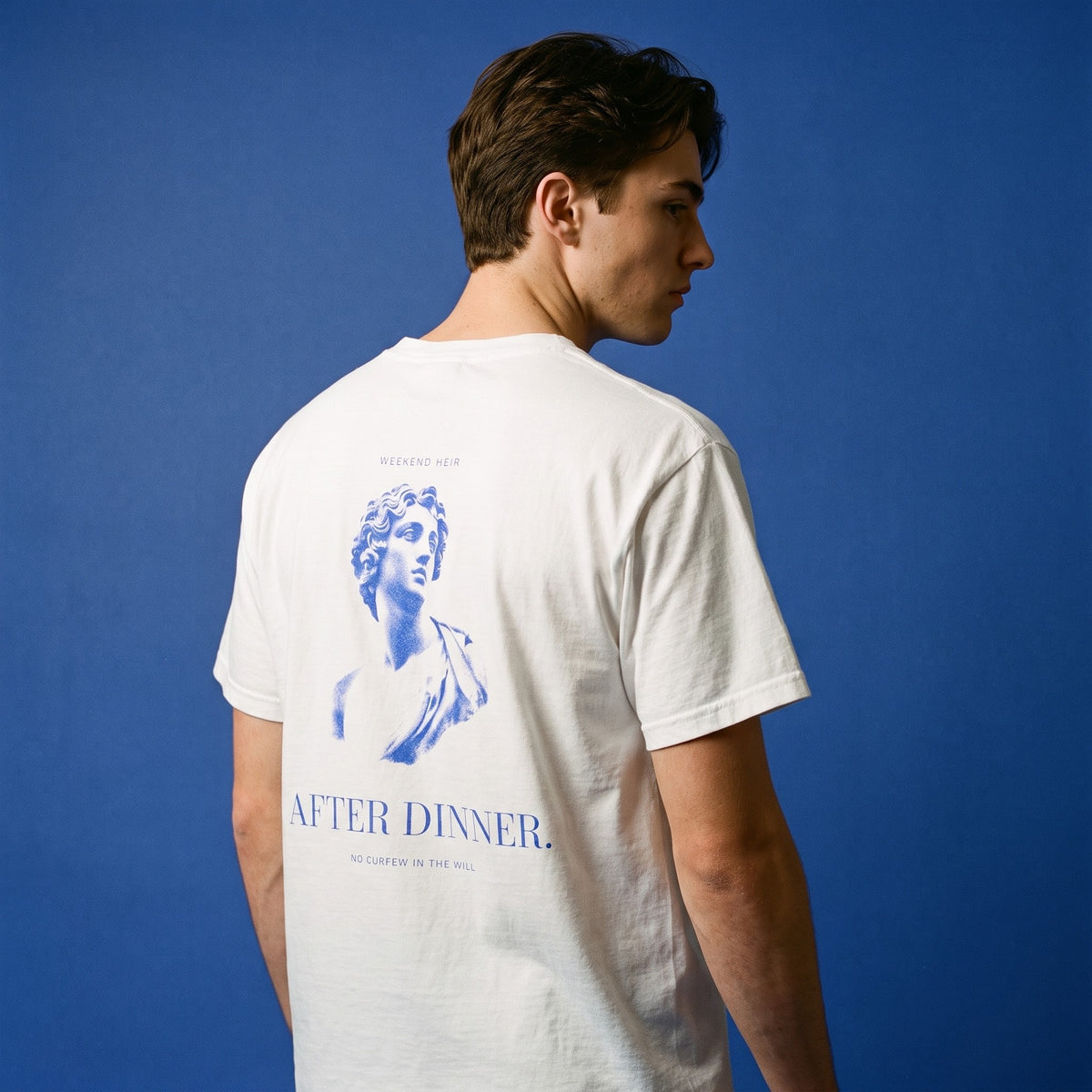 White | Back on model | WEEKEND HEIR After Dinner Tee in White, worn, back print showing