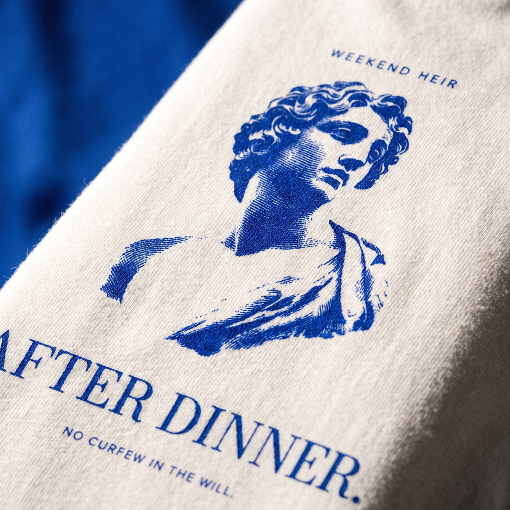 White | Detail | WEEKEND HEIR After Dinner Tee in White, the marble bust engraving up close, the grain of the print