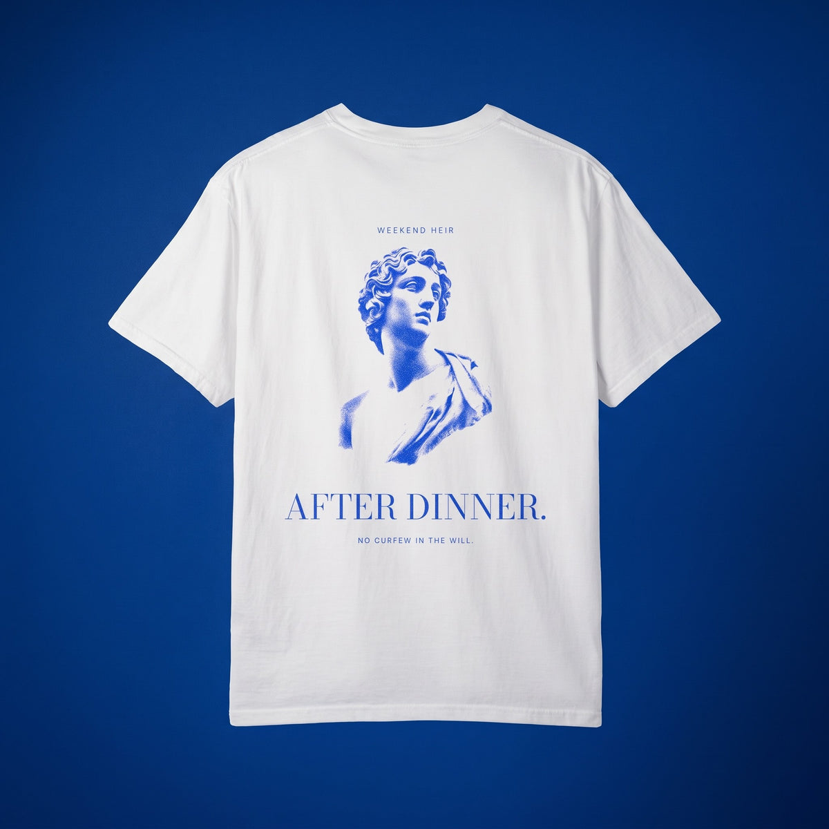 White | Back | WEEKEND HEIR After Dinner Tee in White, studio, the marble bust engraving on the upper back