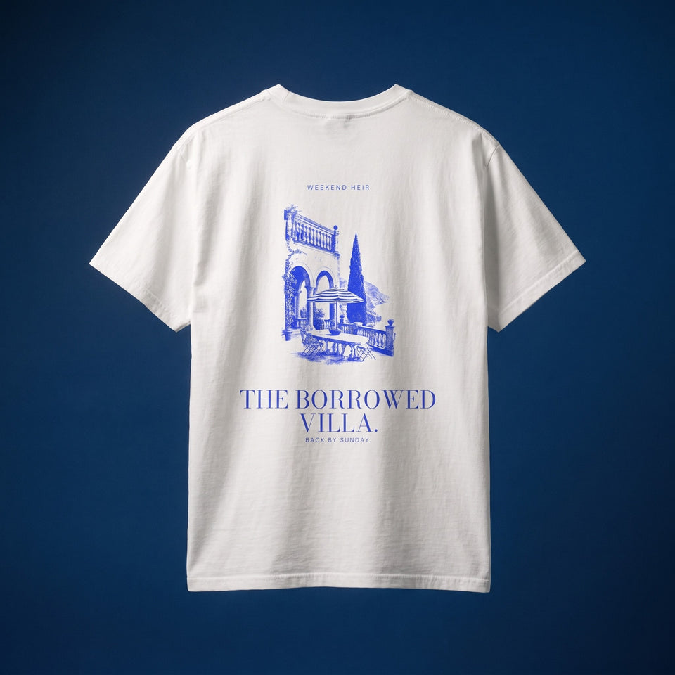 White | Back | WEEKEND HEIR The Borrowed Villa Tee in White, studio, the villa terrace engraving on the upper back