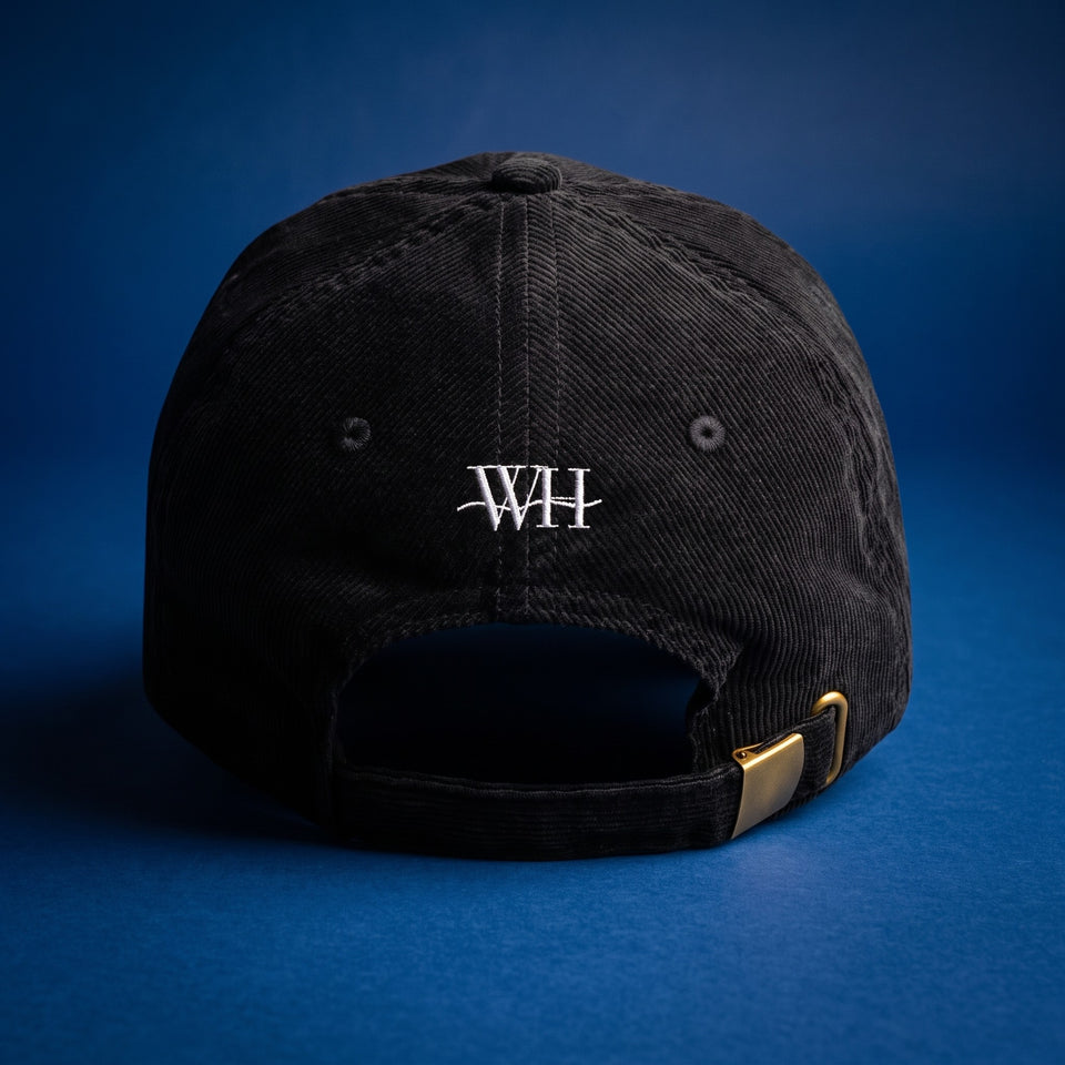 Black | Render back | Weekend Heir Corduroy Cap in Black, WH monogram and adjustable strap [hidden]