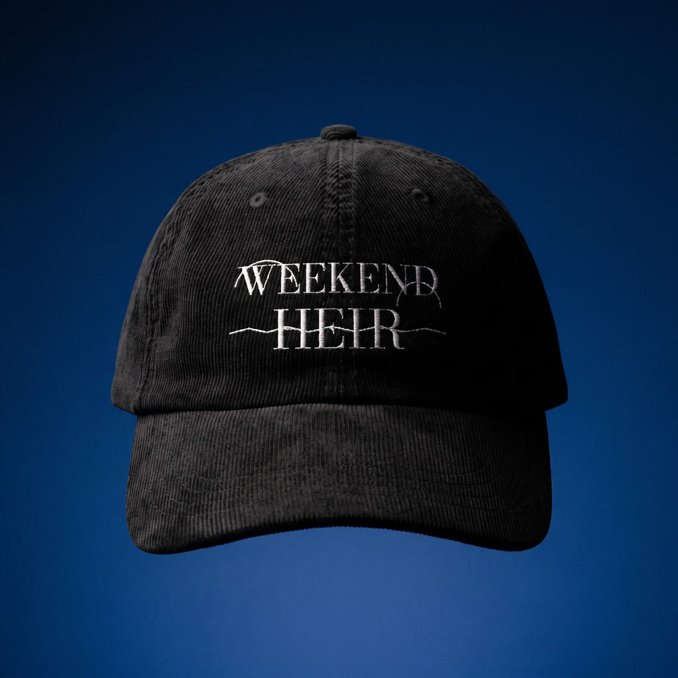 Black | Front | Weekend Heir Corduroy Cap in Black, cream WEEKEND HEIR embroidery on the front