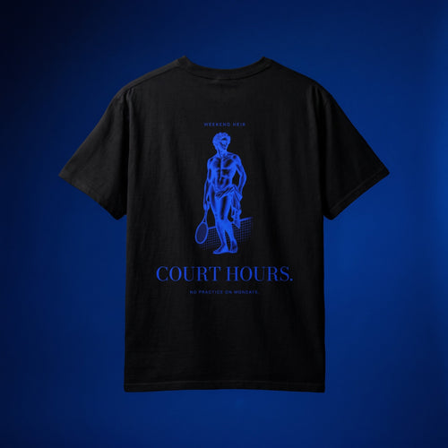 Black | Back | WEEKEND HEIR Court Hours Tee in Black, studio, the athlete engraving on the upper back