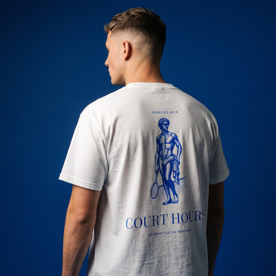 White | Back on model | WEEKEND HEIR Court Hours Tee in White, worn, back print showing