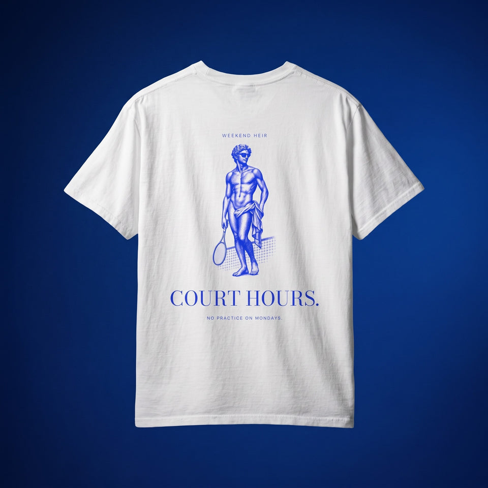 White | Back | WEEKEND HEIR Court Hours Tee in White, studio, the athlete engraving on the upper back