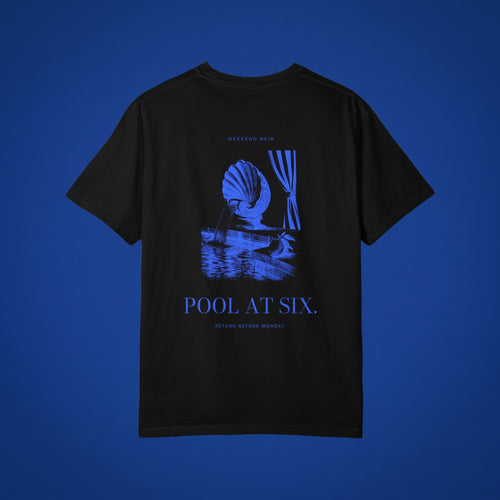 Black | Back | WEEKEND HEIR Pool at Six Tee in Black, studio, the shell fountain engraving on the upper back