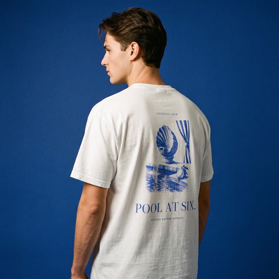 White | Back on model | WEEKEND HEIR Pool at Six Tee in White, worn, back print showing