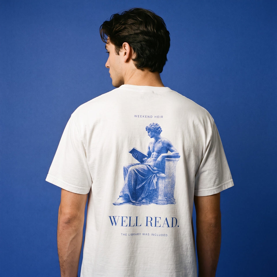 White | Back on model | WEEKEND HEIR Well Read Tee in White, worn, back print showing