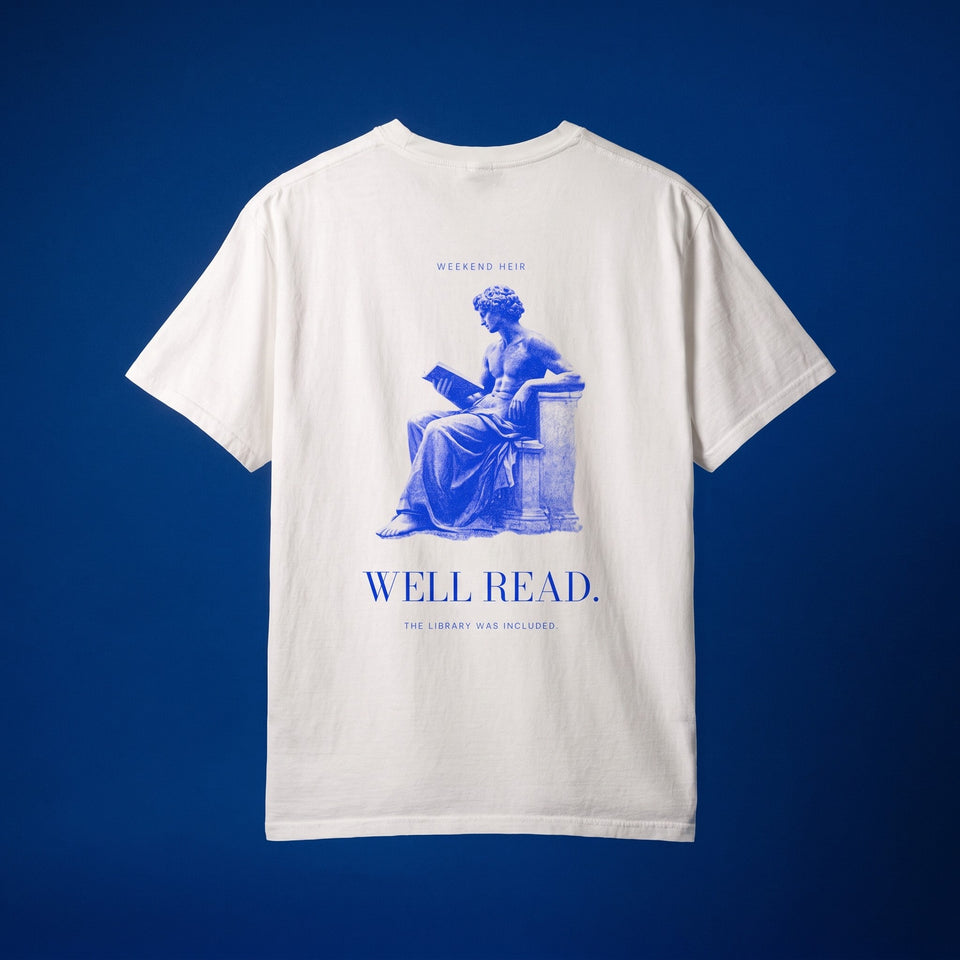 White | Back | WEEKEND HEIR Well Read Tee in White, studio, the reader engraving on the upper back