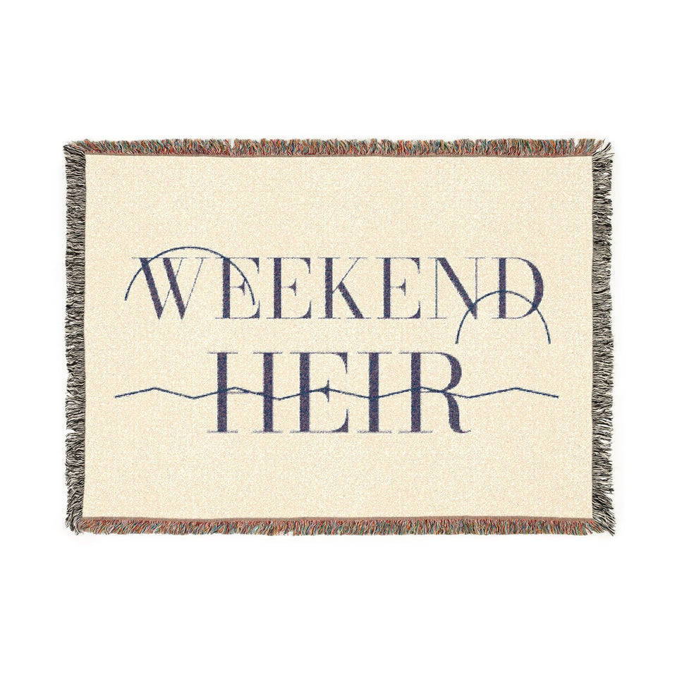 Studio | Weekend Heir Woven Blanket flat, navy wordmark woven on cream