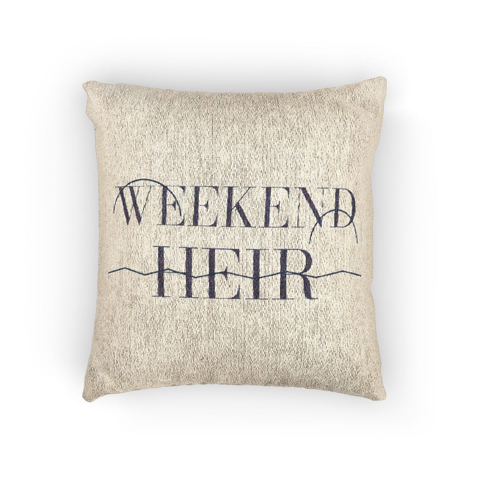 Studio | Weekend Heir Woven Pillow, navy wordmark woven on cream